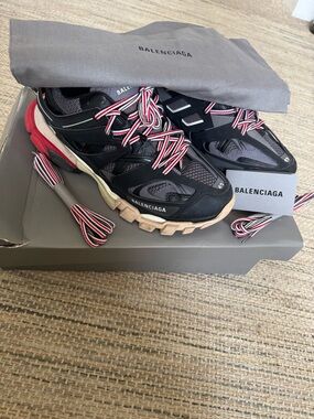 Balenciaga Black, Red & Cream Track Sneakers with Striped Laces